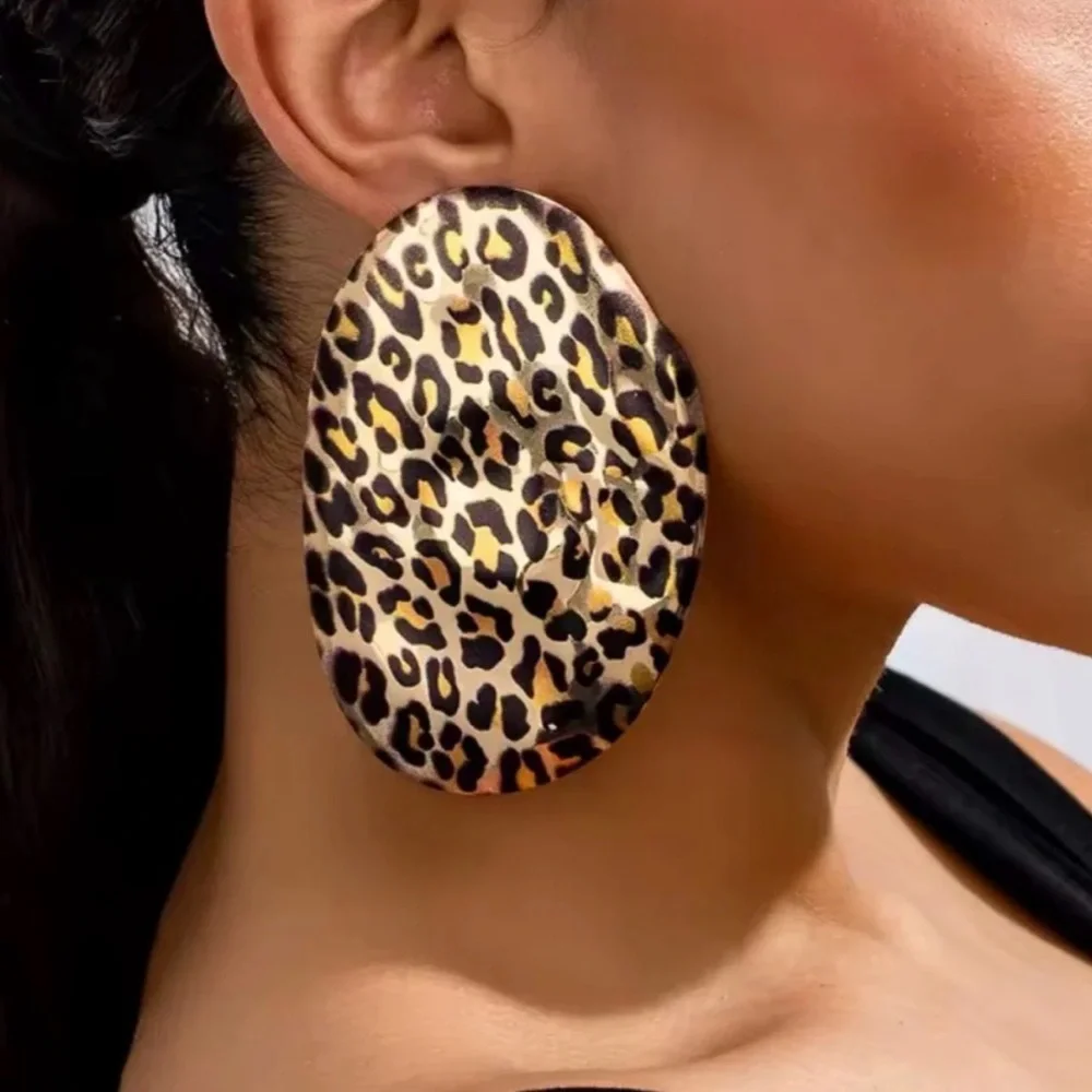 2/$30🌵 Animal Print Cheetah Leopard Jumbo Oval Gold Tone Earrings Boho Gift NEW